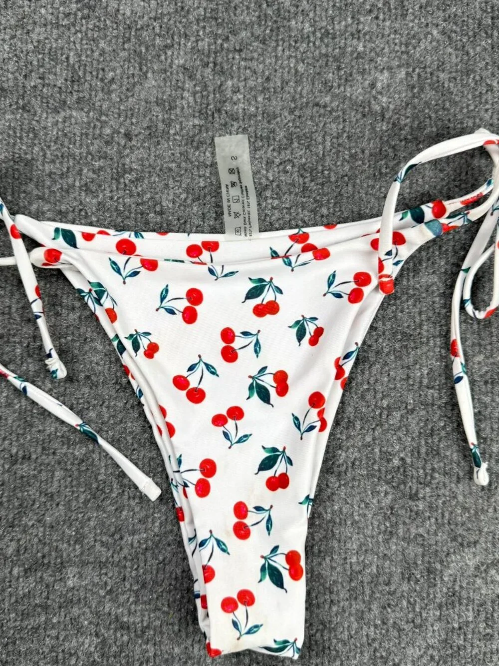 Women's Cherry Print Bikini Bottom Size S White Red Tie Side Cheeky Thong Stain